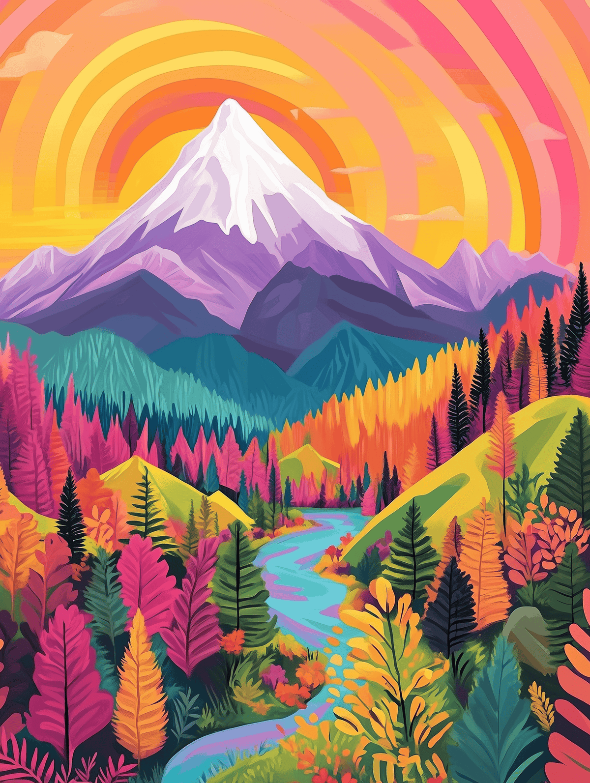 Ein Malen-nach-Zahlen-Set, das eine Berglandschaft mit leuchtenden Blumen im Vordergrund und einem farbenfrohen Sonnenuntergangshimmel darstellt.
