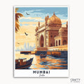 A travel poster depicting the Gateway of India in Mumbai with boats in the harbor and the city skyline in the background, under a blue sky with birds flying.