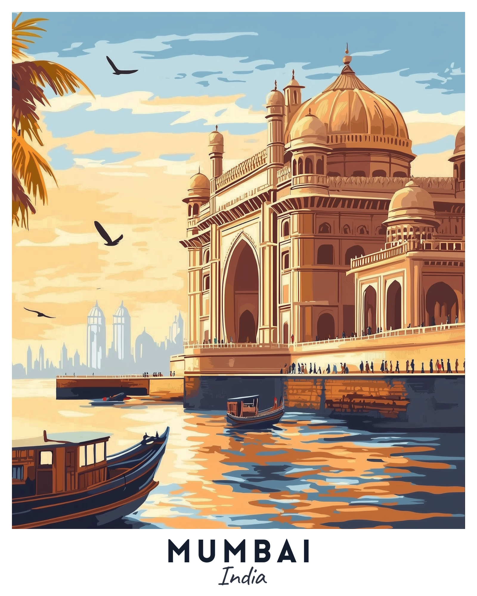 A paint by numbers kit depicting Mumbai, with the Gateway of India prominently featured, boats on the water, and the city skyline in the background.