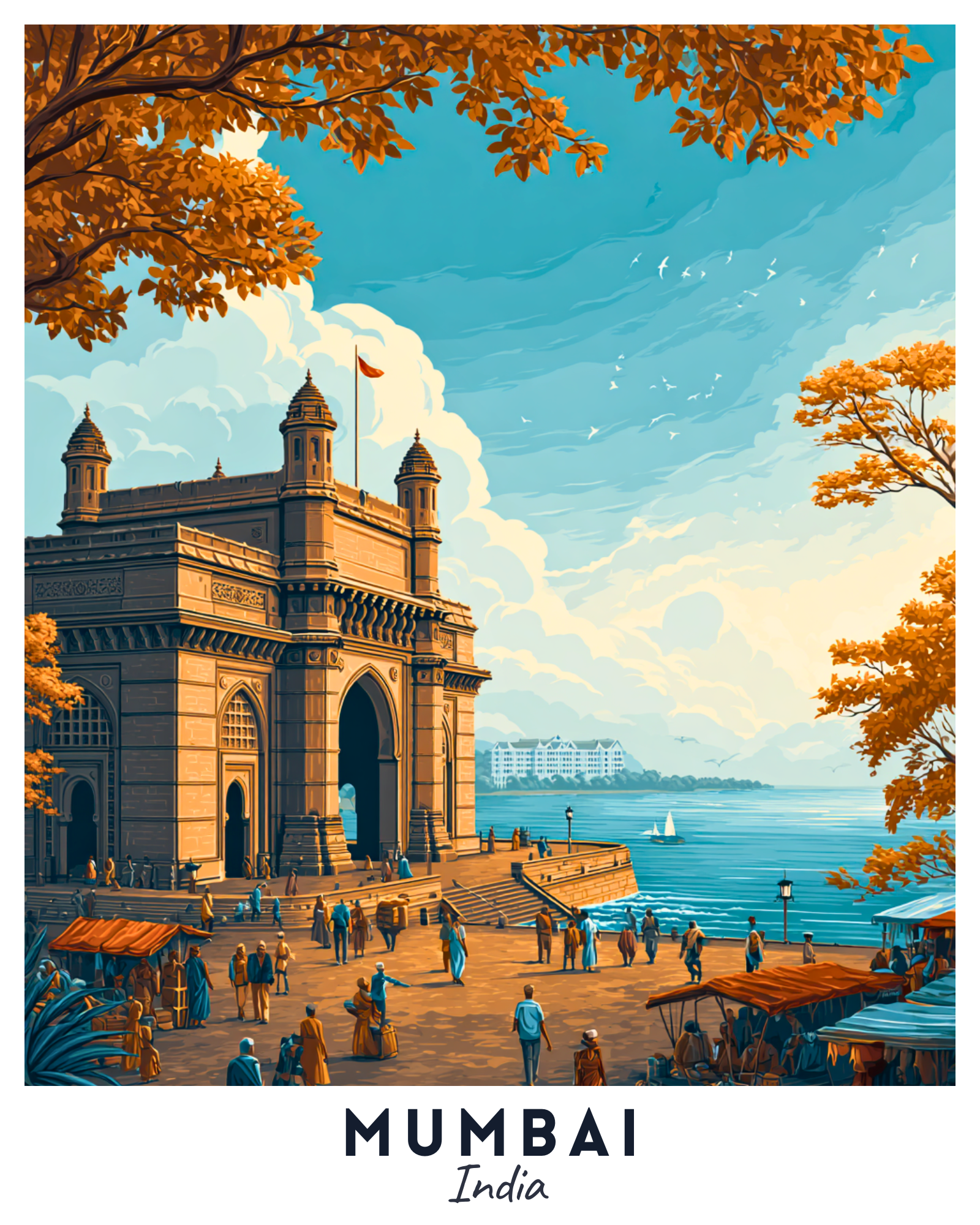 Illustration of a famous landmark in Mumbai, India with people around and trees with autumn leaves.