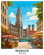 Illustration of a street scene in Munich, Germany with a prominent clock tower.