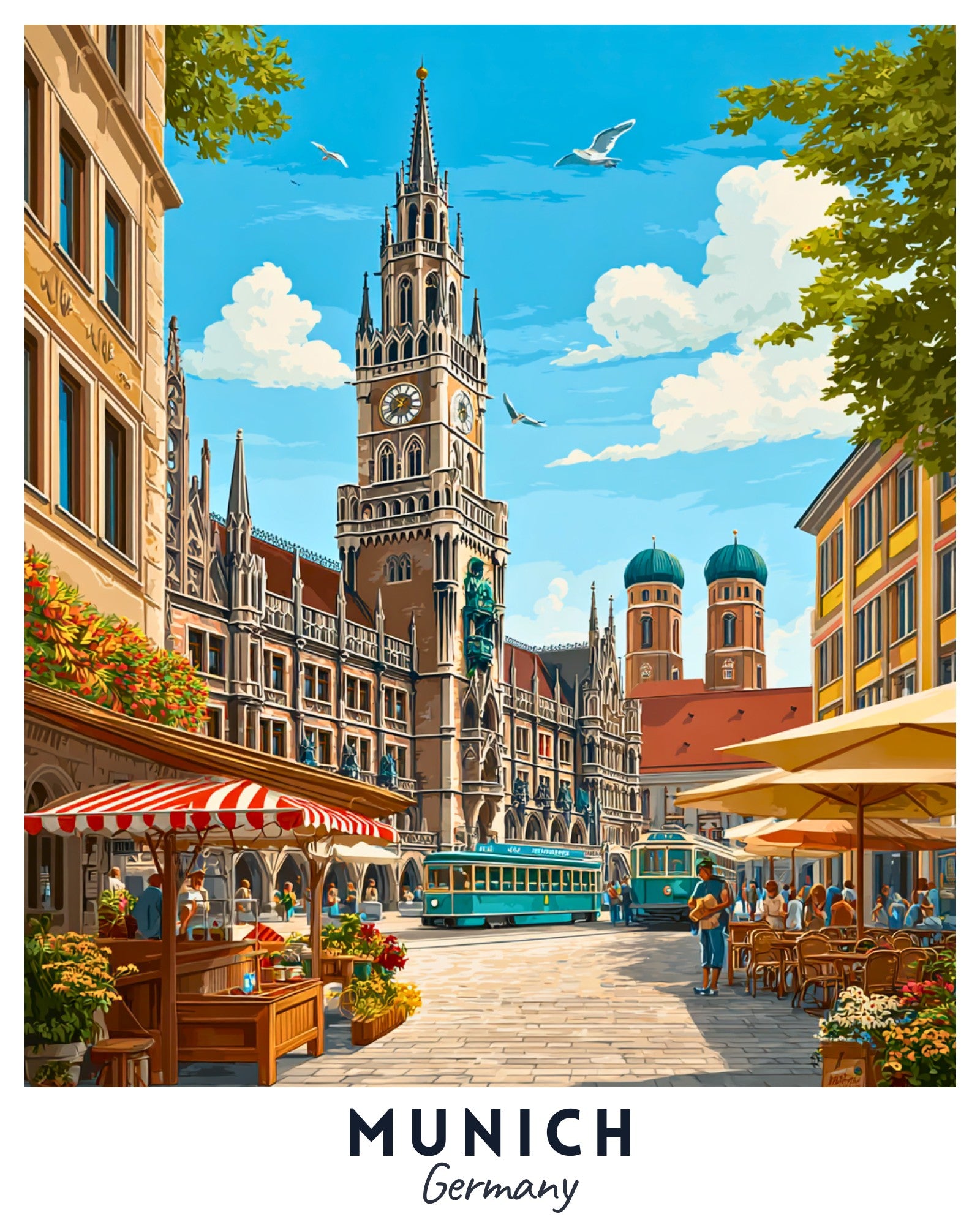 Illustration of a street scene in Munich, Germany with a prominent clock tower.