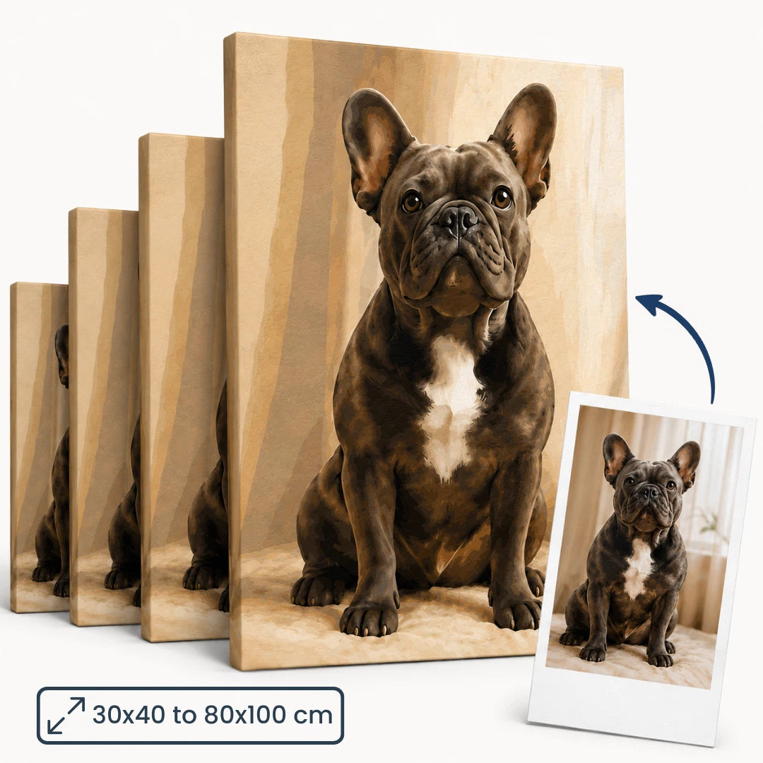 Ein benutzerdefiniertes Malen-nach-Zahlen-Kit, bei dem ein Benutzer sein eigenes Foto hochladen kann, um ein personalisiertes Gemälde zu erstellen. Das Bild zeigt eine Leinwand mit einem Kind, das ein Haustier umarmt, was auf ein individuelles Gemälde basierend auf einem Foto hindeutet.