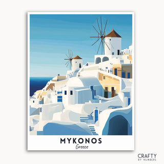 Un póster de viaje que muestra los emblemáticos edificios encalados y molinos de viento de Mykonos, Grecia, con detalles en azul profundo contra un cielo vibrante.