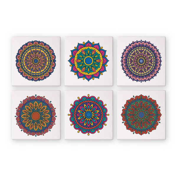 A set of six colorful mandala designs intended for paint by numbers.