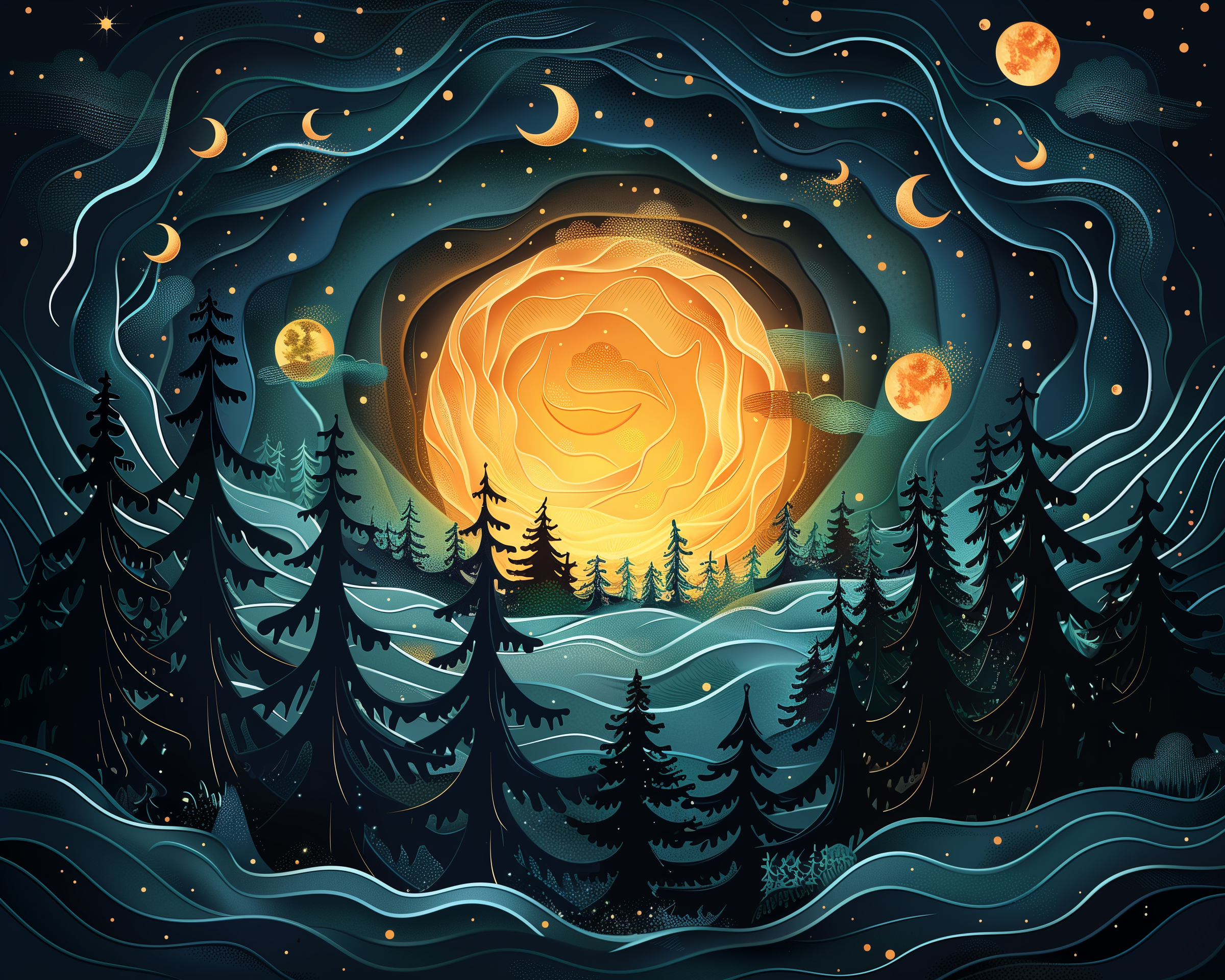 A paint by numbers kit depicting a night scene with trees, stars, and a glowing moon.