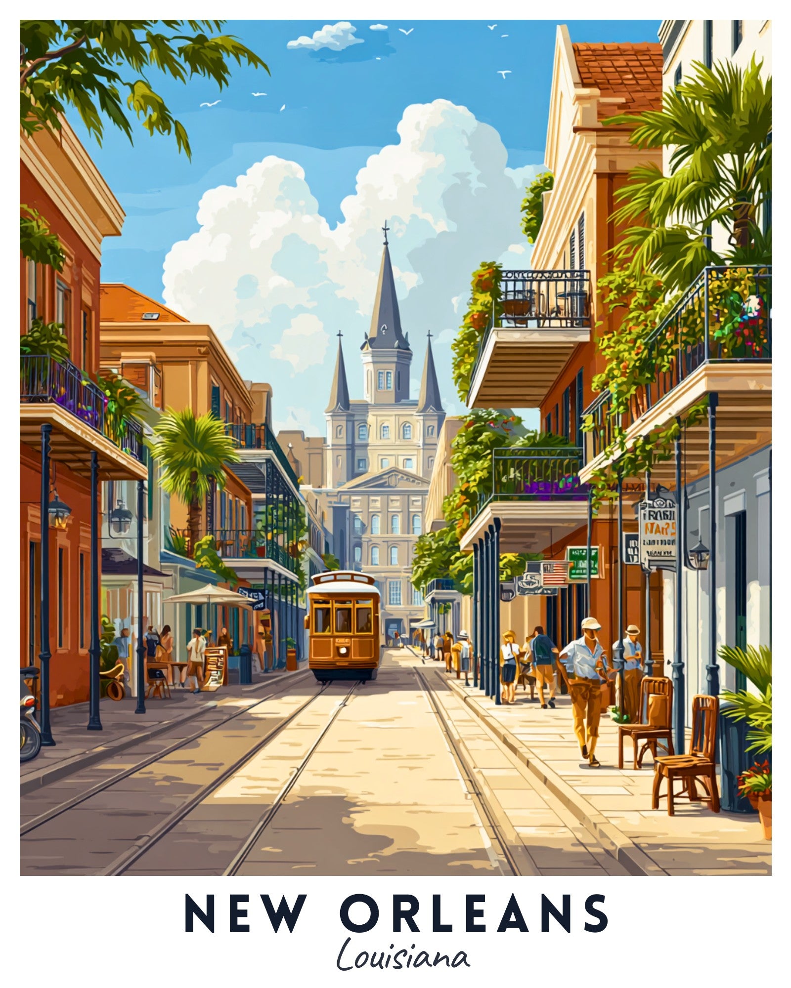 Illustration of a street scene in New Orleans with a tram and people walking.