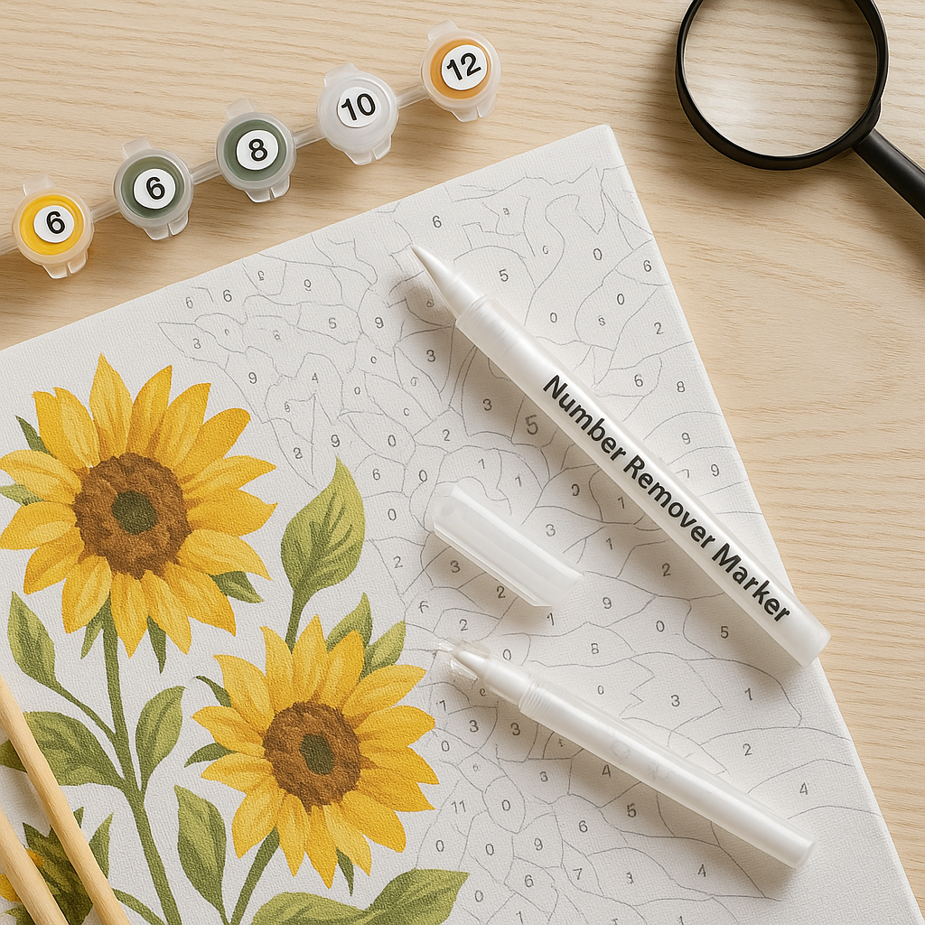 Number remover marker with sunflower design on paper and numbered stamps in the background.