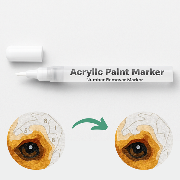 Acrylic paint marker with a white cap on a white background, used to remove numbers from a painted eye.
