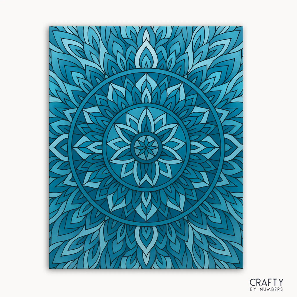 Ocean Mind Mandala Paint by Numbers kit featuring a tranquil mandala design with layered cool blues resembling waves of stillness in motion