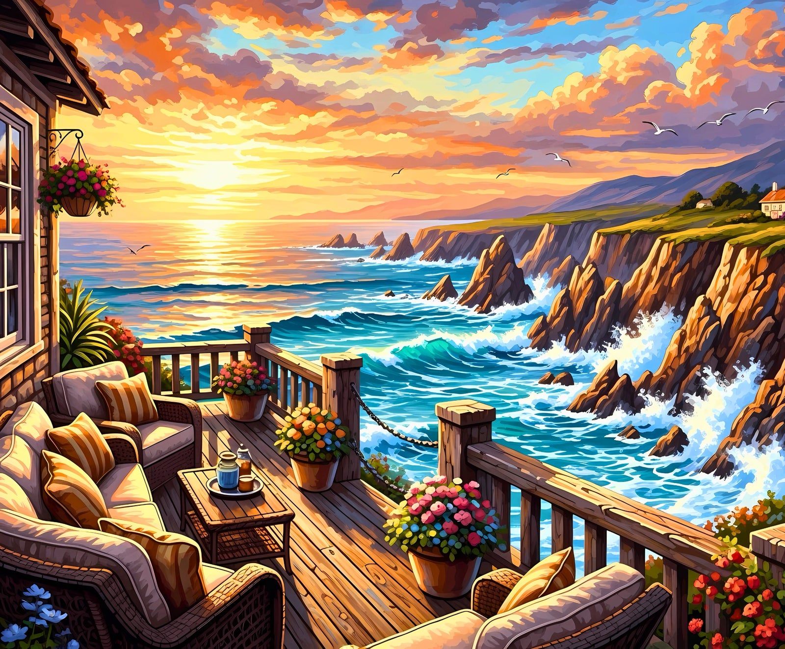 Gemütliche Terrasse mit Meerblick bei Sonnenuntergang