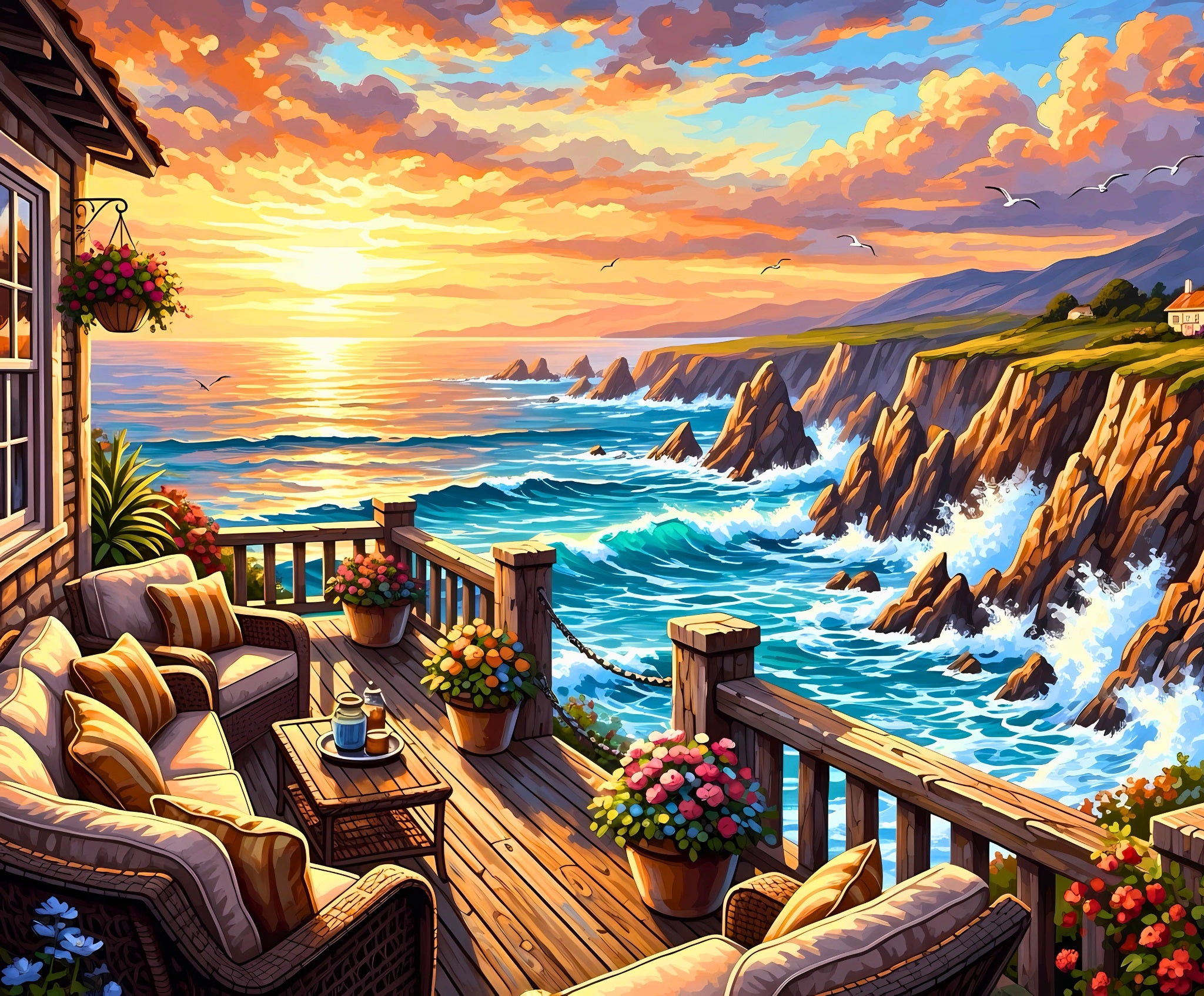 Cozy deck with ocean view during sunset