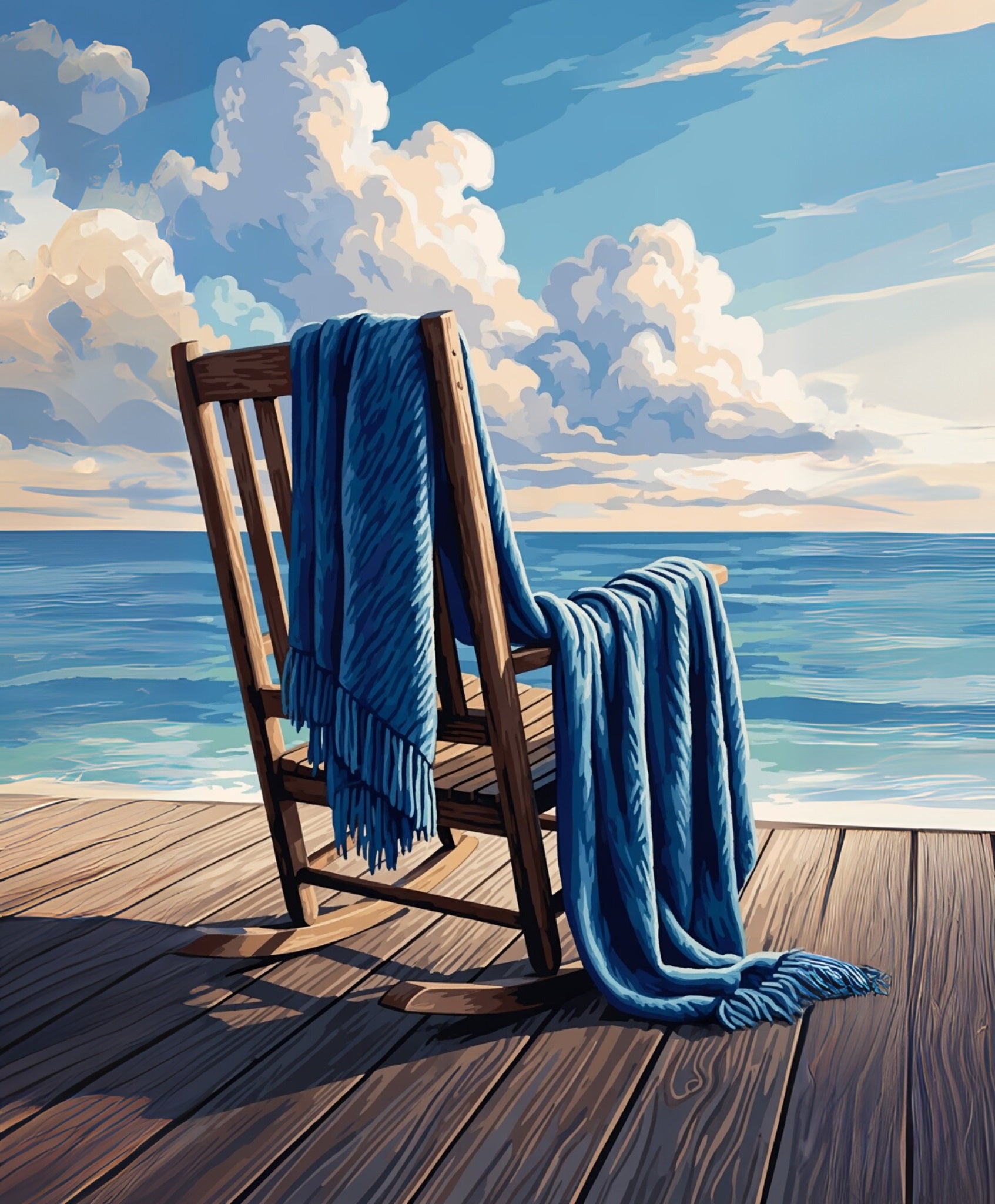 Wooden rocking chair with a blue blanket on a wooden deck by the sea
