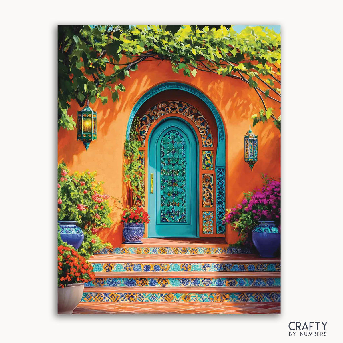 Ein Malen-nach-Zahlen-Set, das eine lebendige Szene mit einer türkisfarbenen Tür, orangefarbenen Wänden, viel Grün und blauen Blumen zeigt.