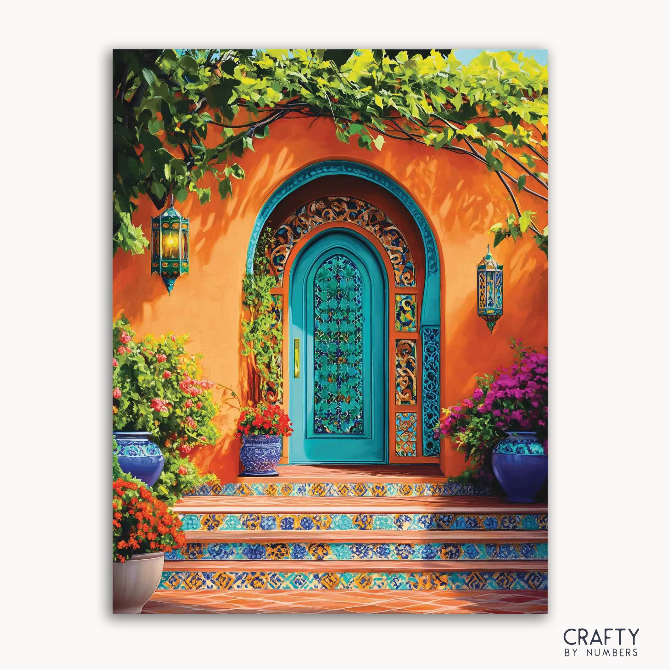 A paint-by-numbers kit depicting a vibrant scene with a turquoise door, orange walls, greenery, and blue flowers.
