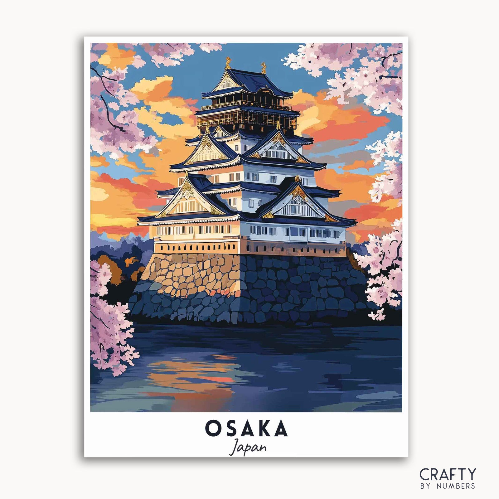 Ein Malen-nach-Zahlen-Reiseposter, das die Burg Osaka mit Kirschblüten und einem bunten Himmel im Hintergrund zeigt, erhalten Sie von „Basteln nach Zahlen“.