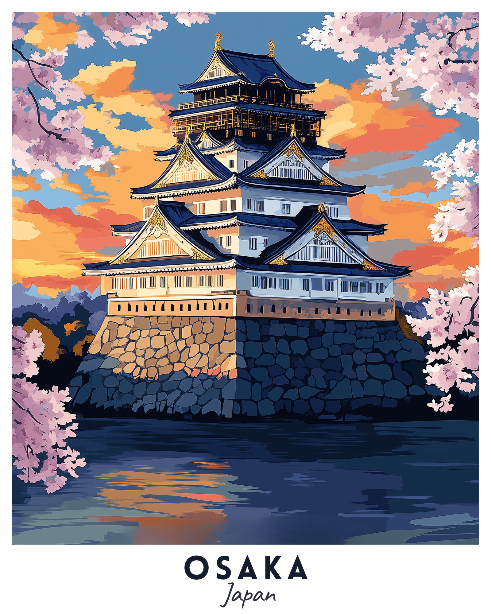 A paint by numbers kit depicting Osaka Castle with a colorful evening sky and cherry blossoms in the background.
