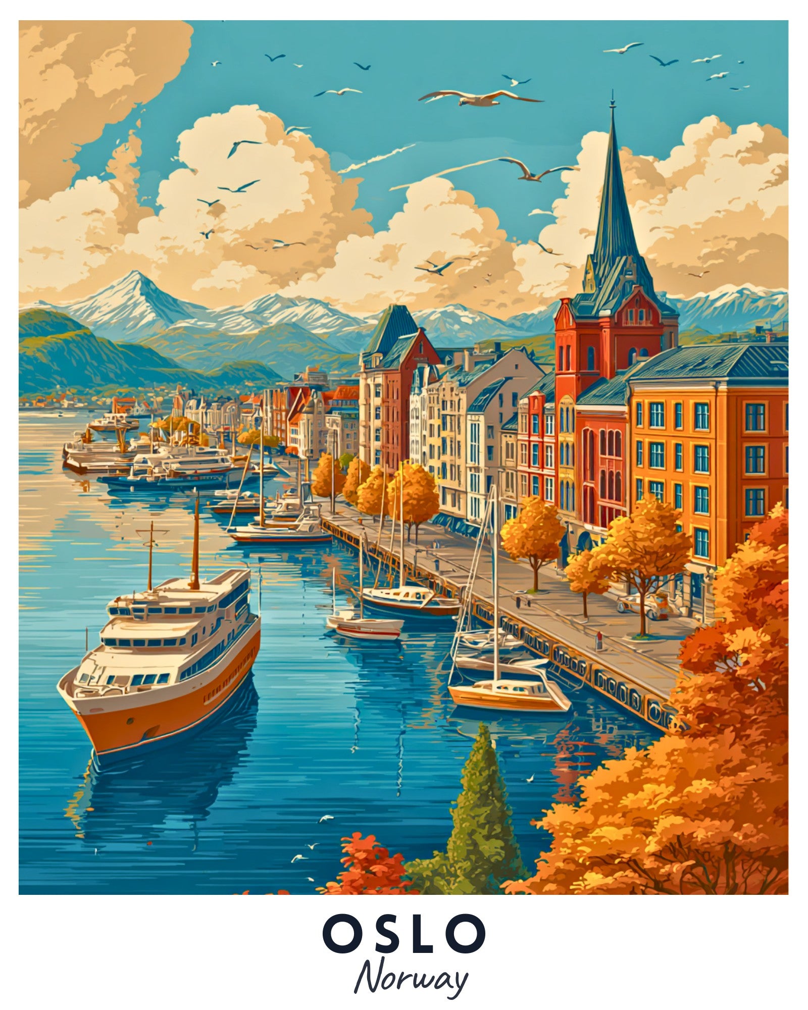 Illustration of a scenic view of Oslo, Norway with boats in the harbor and colorful buildings.