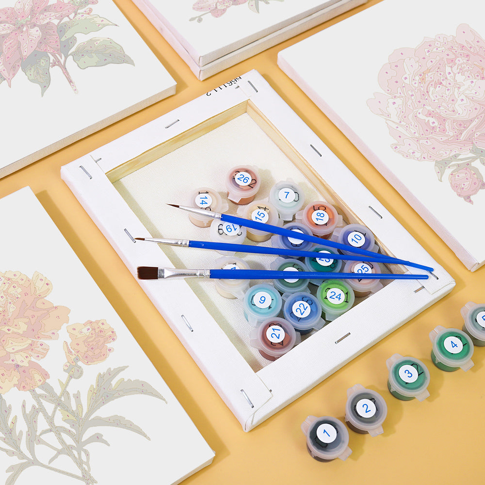 Paint by numbers kit showing colorful spring flowers in a compact format