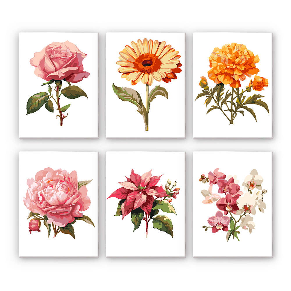 Un conjunto de seis kits de pintura por números florales, con varias flores, como rosas y orquídeas, expuestas sobre un fondo blanco.