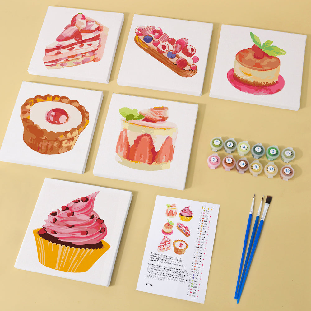 Flat lay of Baked with Love mini paint by numbers kit materials
