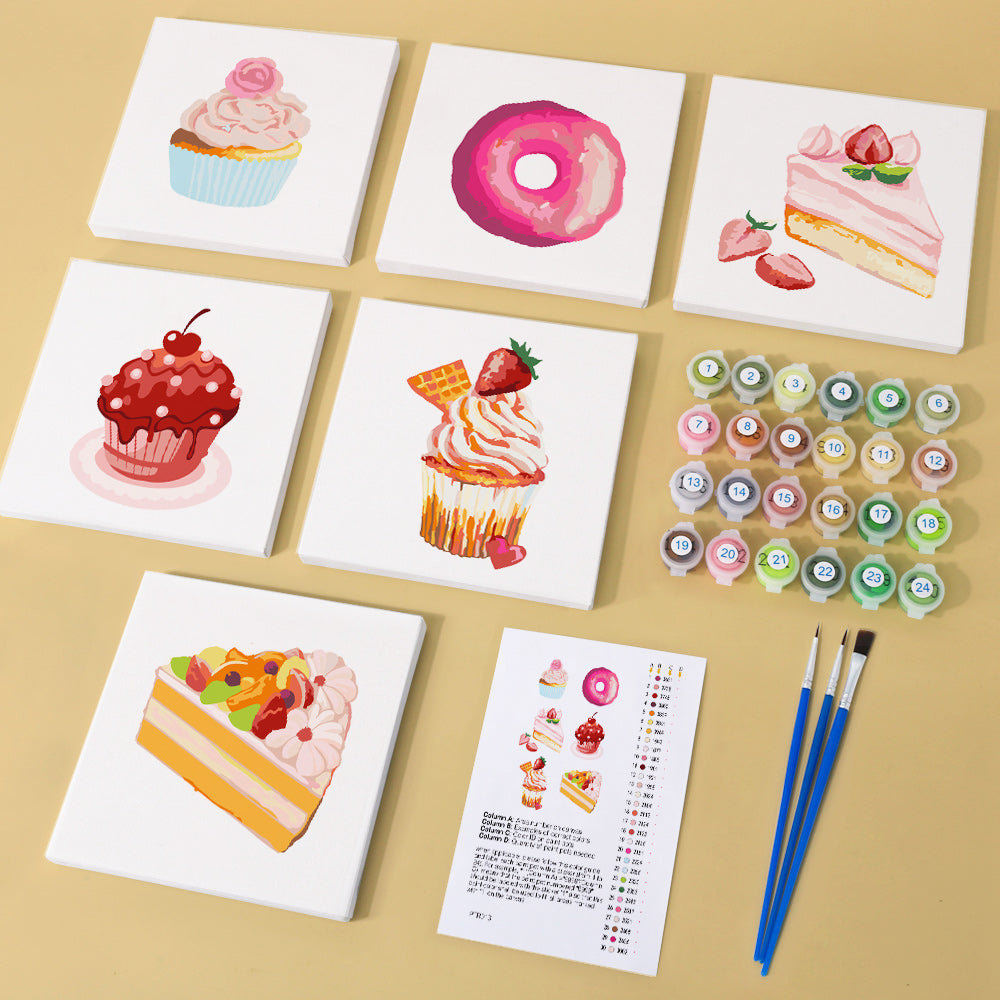 Compact paint by numbers kit showcasing a variety of desserts