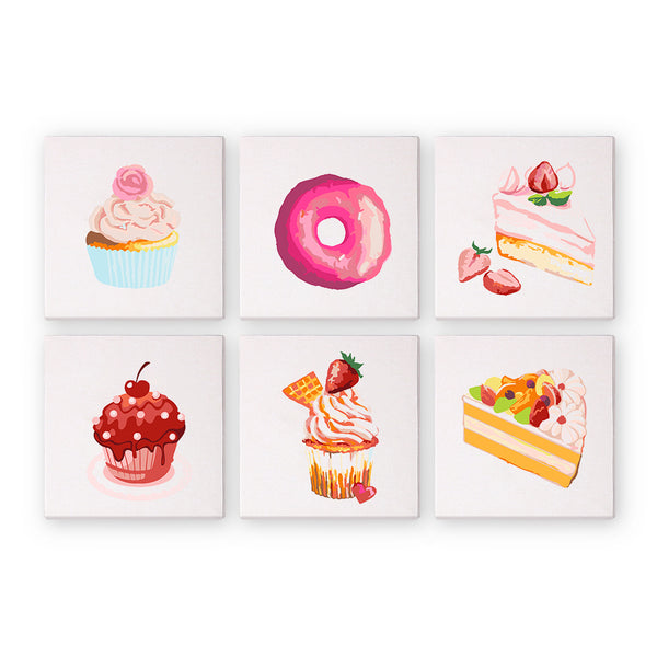 A set of six paint-by-number kits depicting various desserts such as cupcakes, a donut, and different types of cakes.