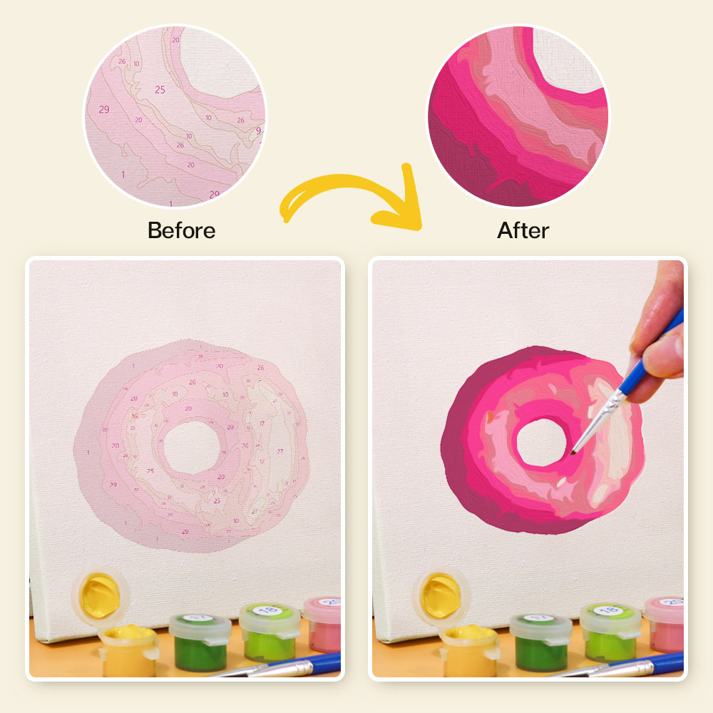 Small canvas paint by numbers kit with a colorful donut design