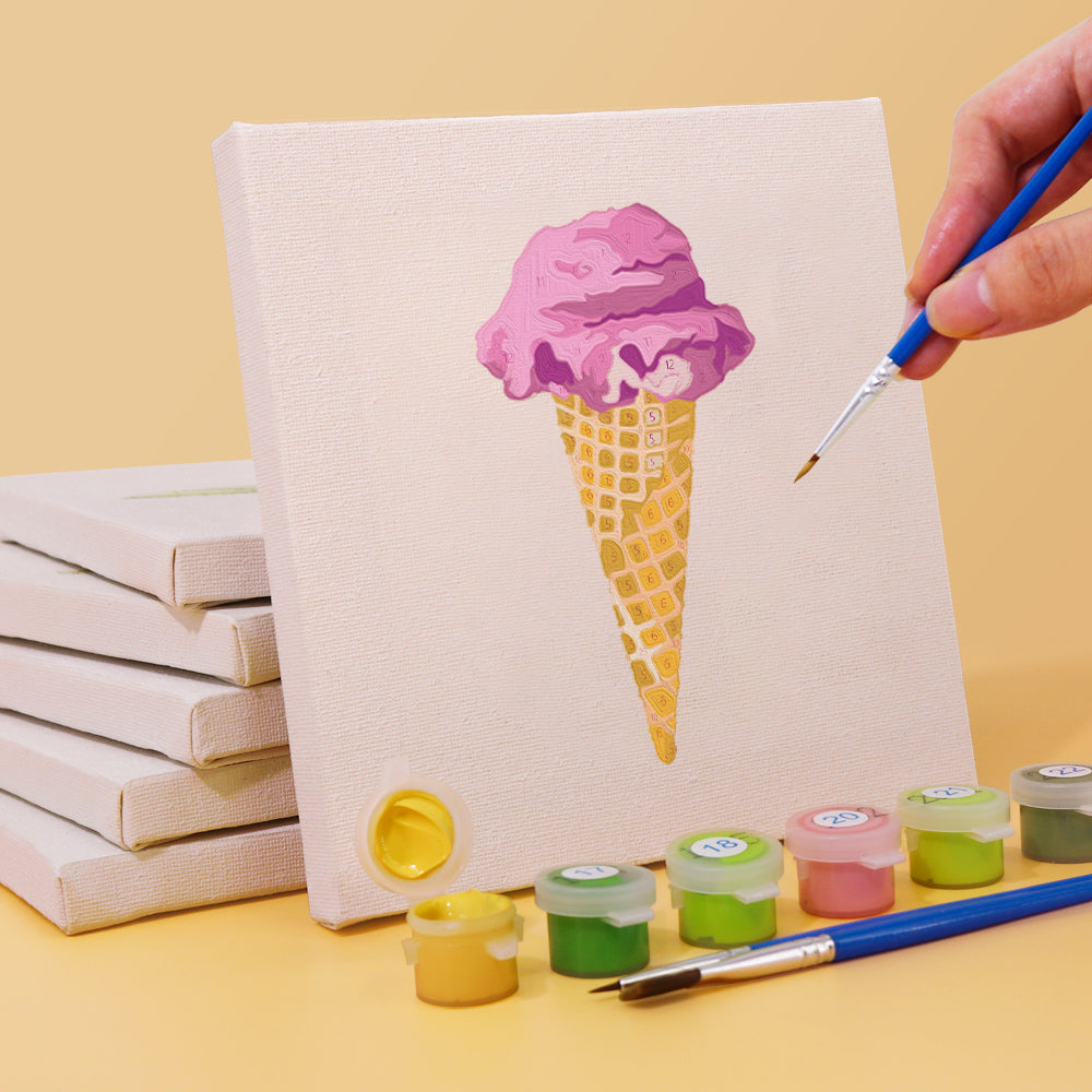 Colorful mini paint by numbers kit with numbered canvas and small paint pots