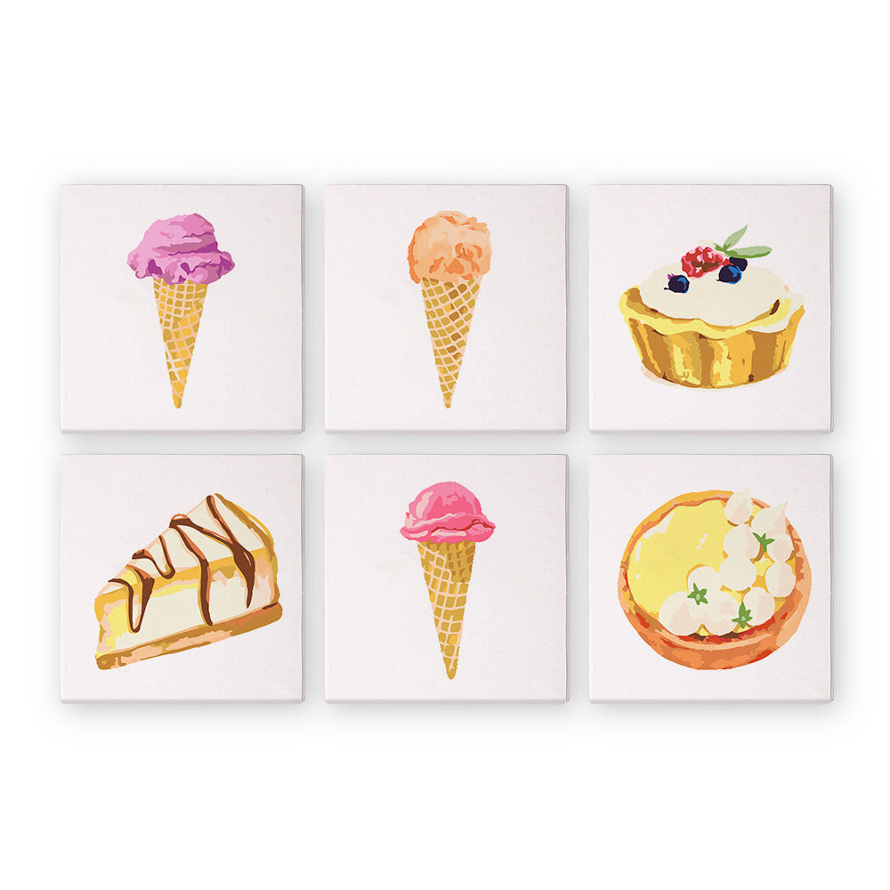 A set of six canvas paintings with illustrations of various desserts, including ice cream cones and cakes.