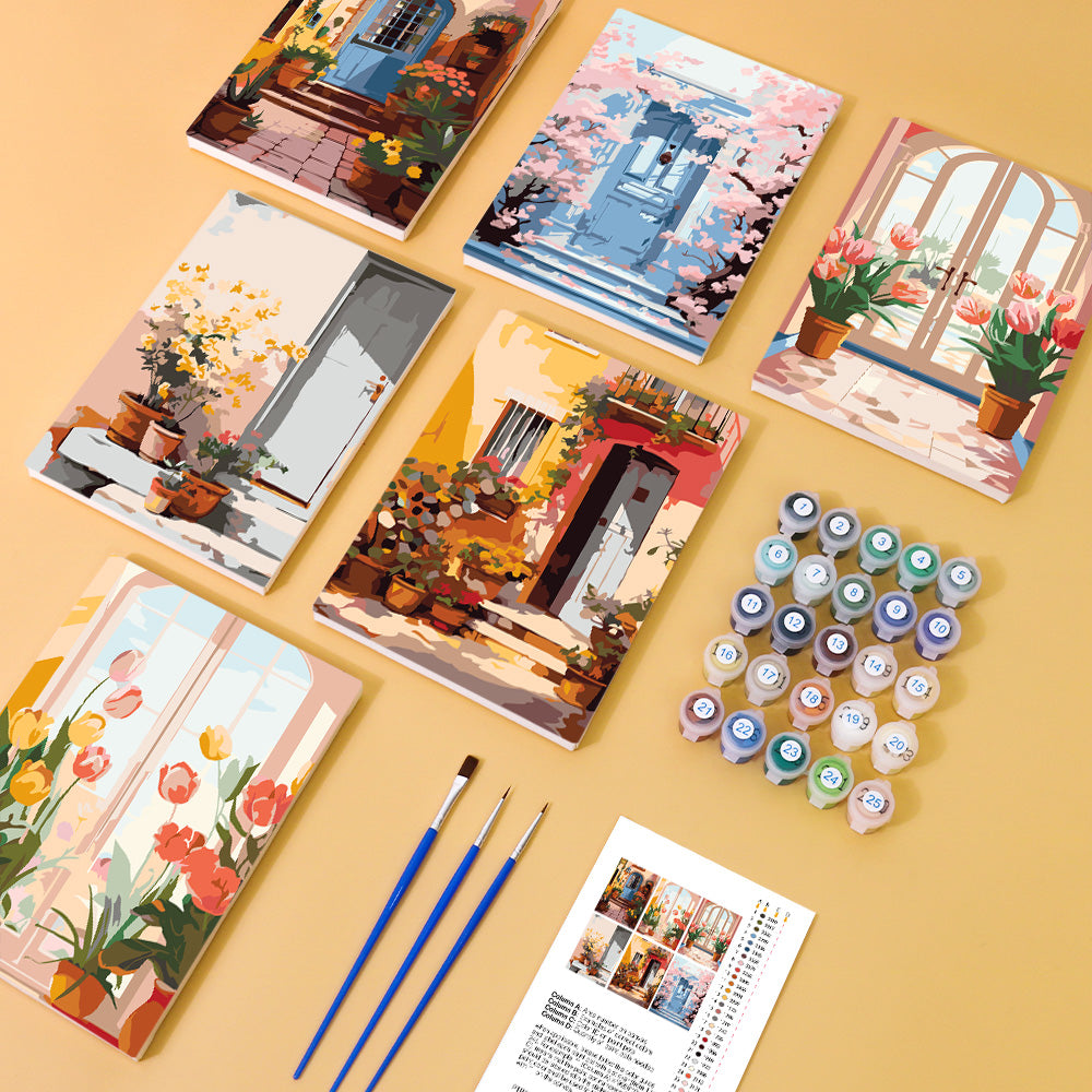 Cozy garden doorway scene for mini paint by numbers painting