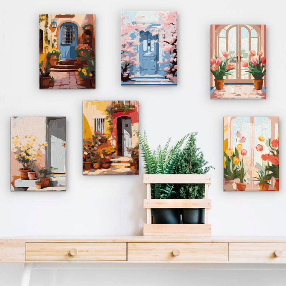 Artistic paint by numbers kit depicting a welcoming flower-filled doorway