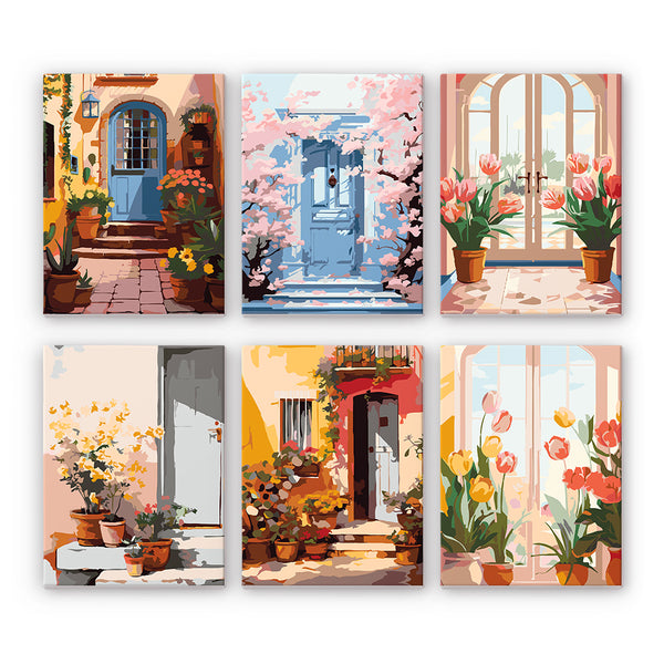 A set of six paint-by-number kits depicting colorful floral doorways.