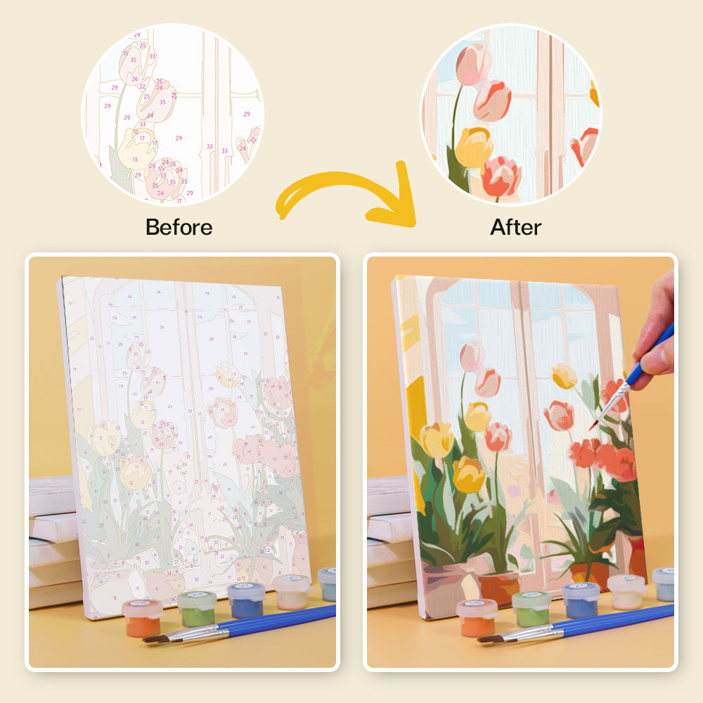 Charming doorway with colorful flowers ready for painting