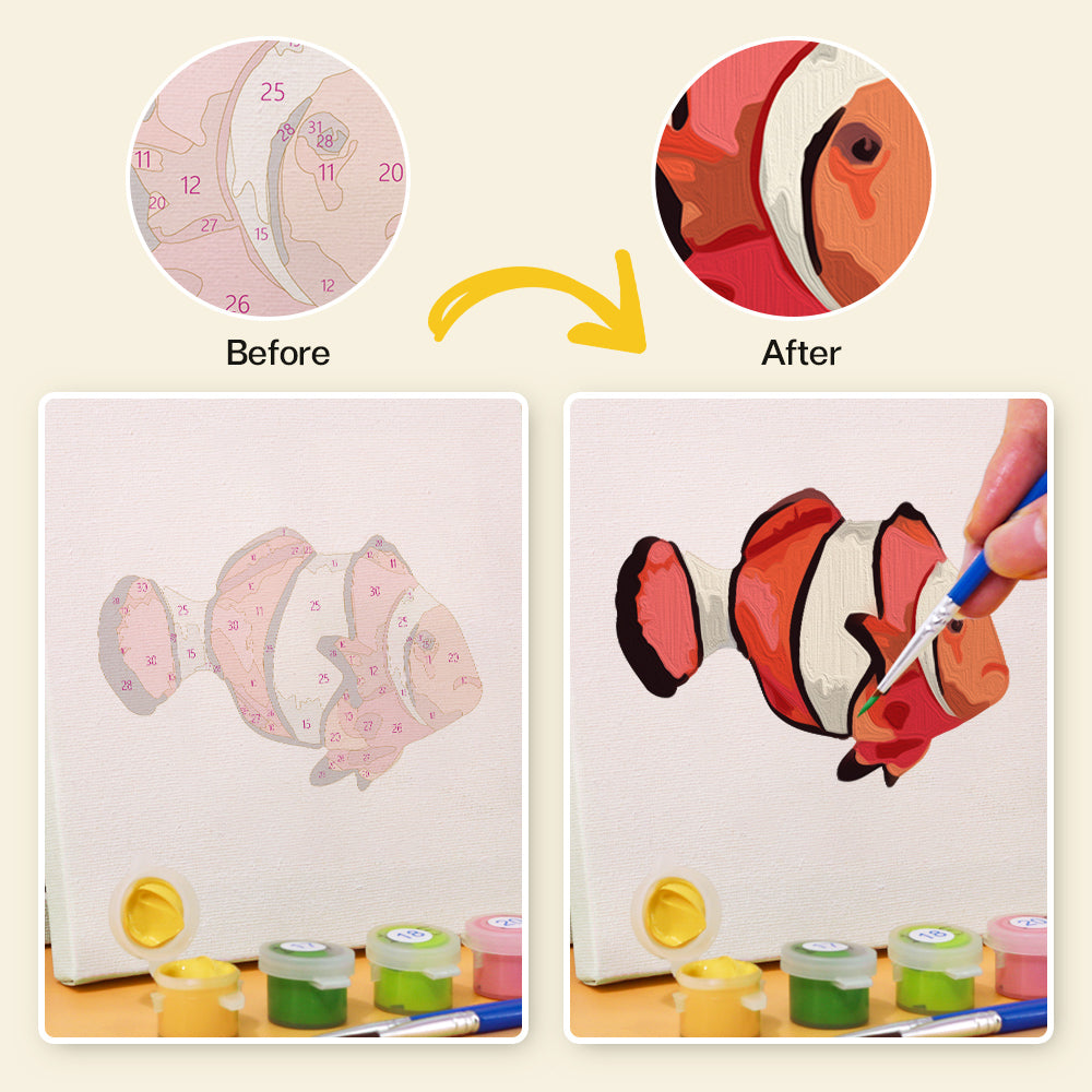 Paint by numbers kit showing colorful coral and small fish