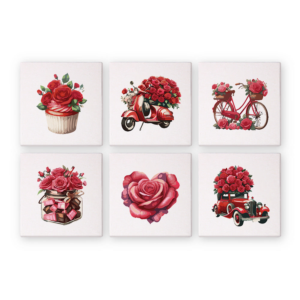 A set of six paint-by-numbers kits with romantic themes, including bicycles, scooters, and floral arrangements in red and pink tones.