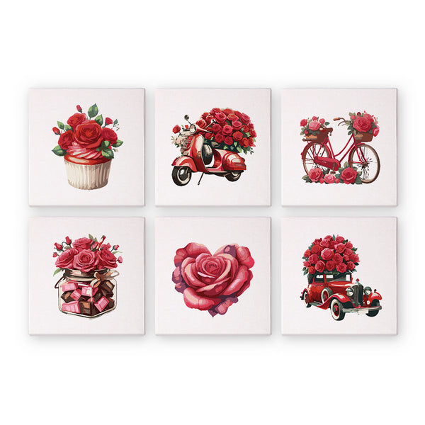 A set of six paint-by-numbers kits with romantic themes, including bicycles, scooters, and floral arrangements in red and pink tones.