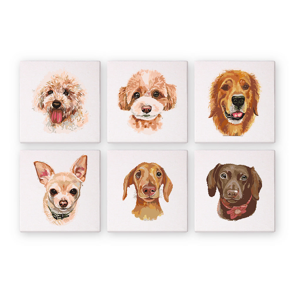 A set of six paint-by-number kits with illustrations of different dog breeds.