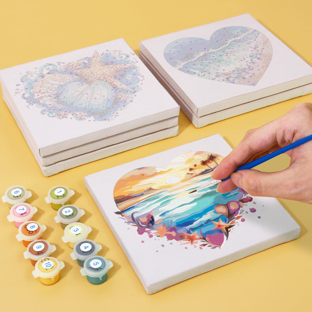 Step-by-step numbered paint by numbers canvas with seaside theme