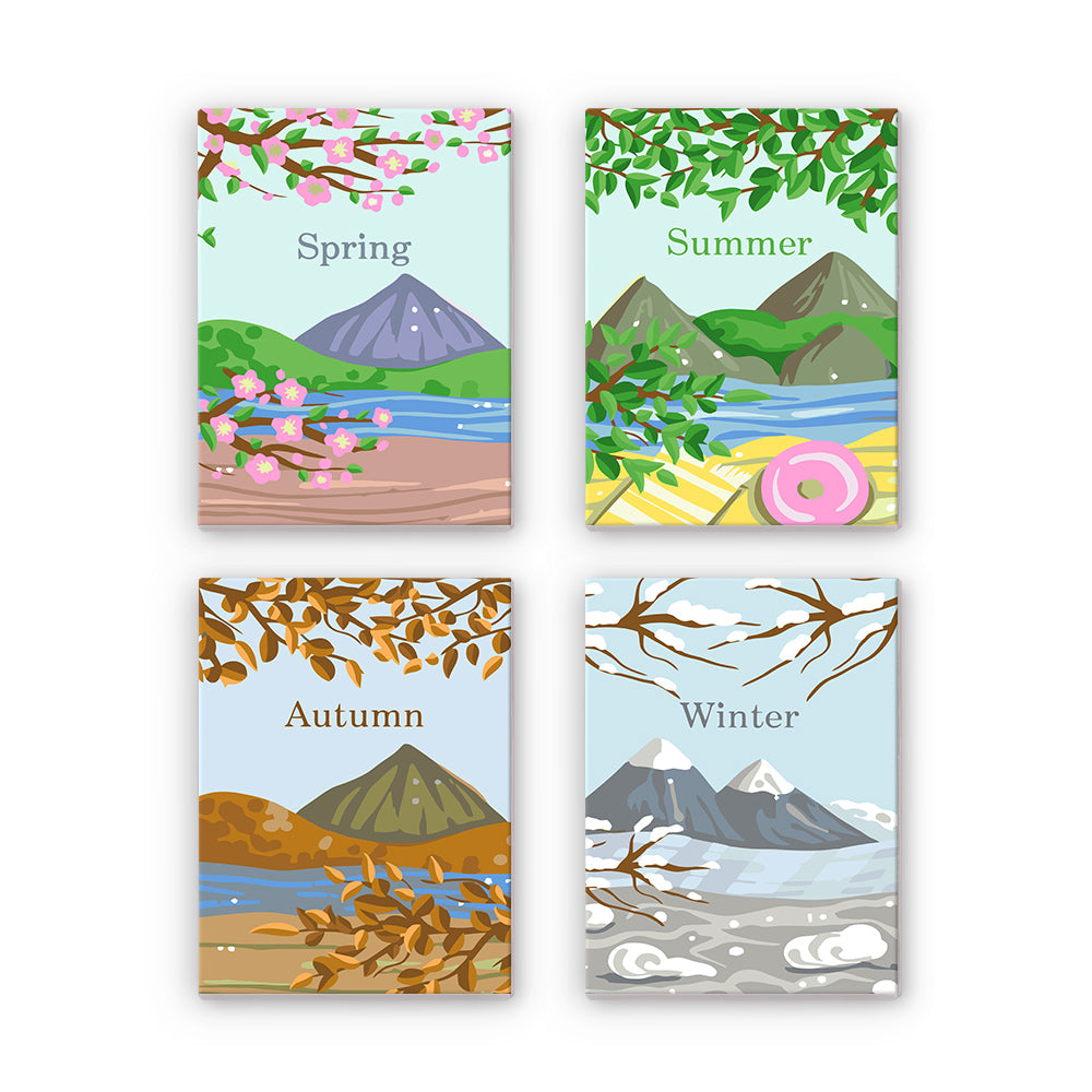 A set of four paint-by-numbers kits, each depicting a different season: Spring with cherry blossoms, Summer with a beach scene, Autumn with leaves and a full moon, and Winter with snow-covered trees.