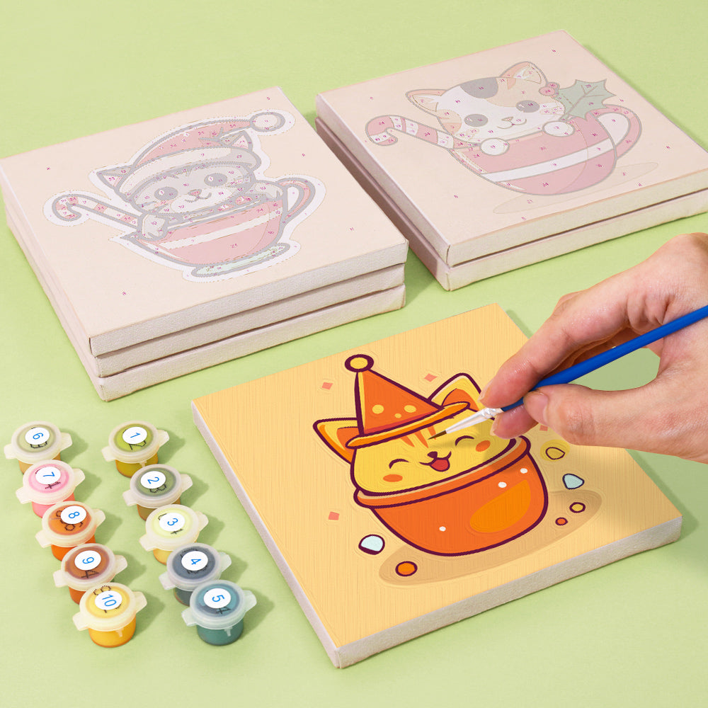 Paint by numbers set with a whimsical cat in a cozy cup