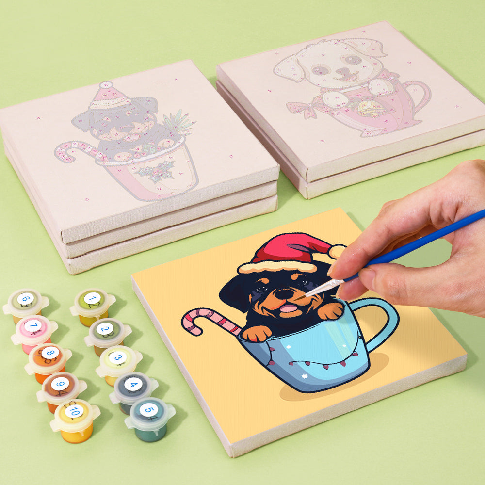 Colorful illustration of cozy puppies in a teacup