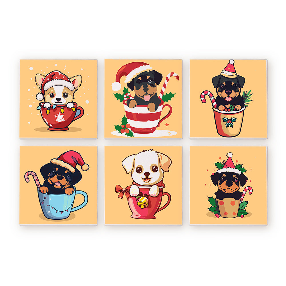 A set of six paint-by-numbers images featuring cute puppies in festive Christmas attire, each sitting in a mug or cup with holiday decorations.