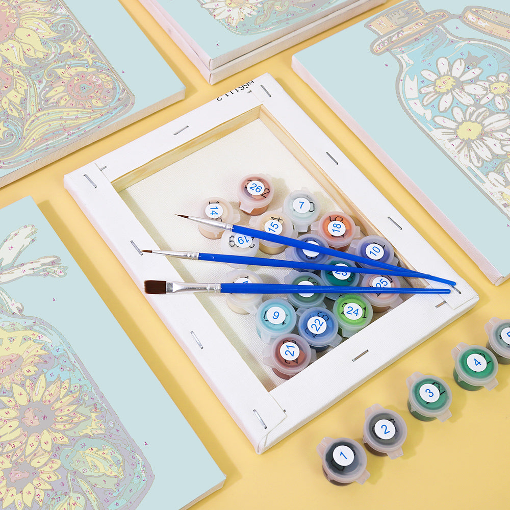 Bottled Wonders Mini Paint by Numbers Kit depicting a serene mountain landscape