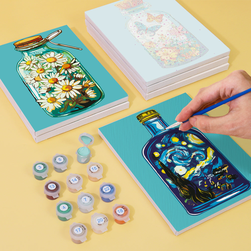 Bottled Wonders Mini Paint by Numbers Kit with floral design and paint pots