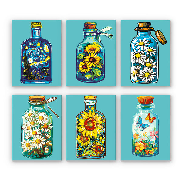 A set of six paint-by-number kits, each featuring a colorful image of floral and celestial patterns inside bottles.