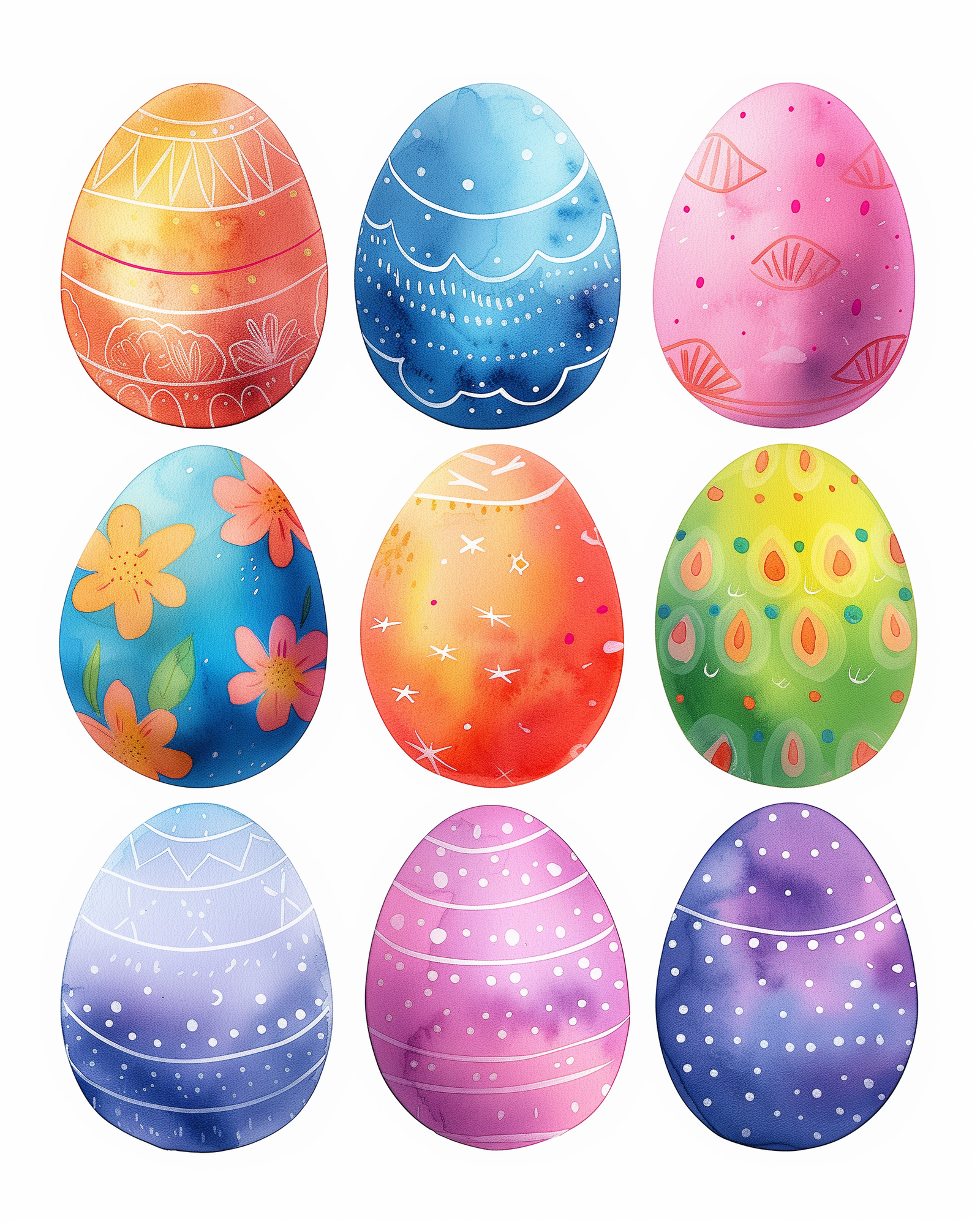 A collection of colorful Easter eggs, each decorated with different patterns and designs, arranged in a grid format on a white background.