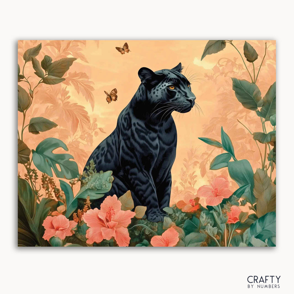 A paint-by-numbers kit depicting a black panther among tropical flora with pink flowers and butterflies, titled 'Jungle Enigma'.