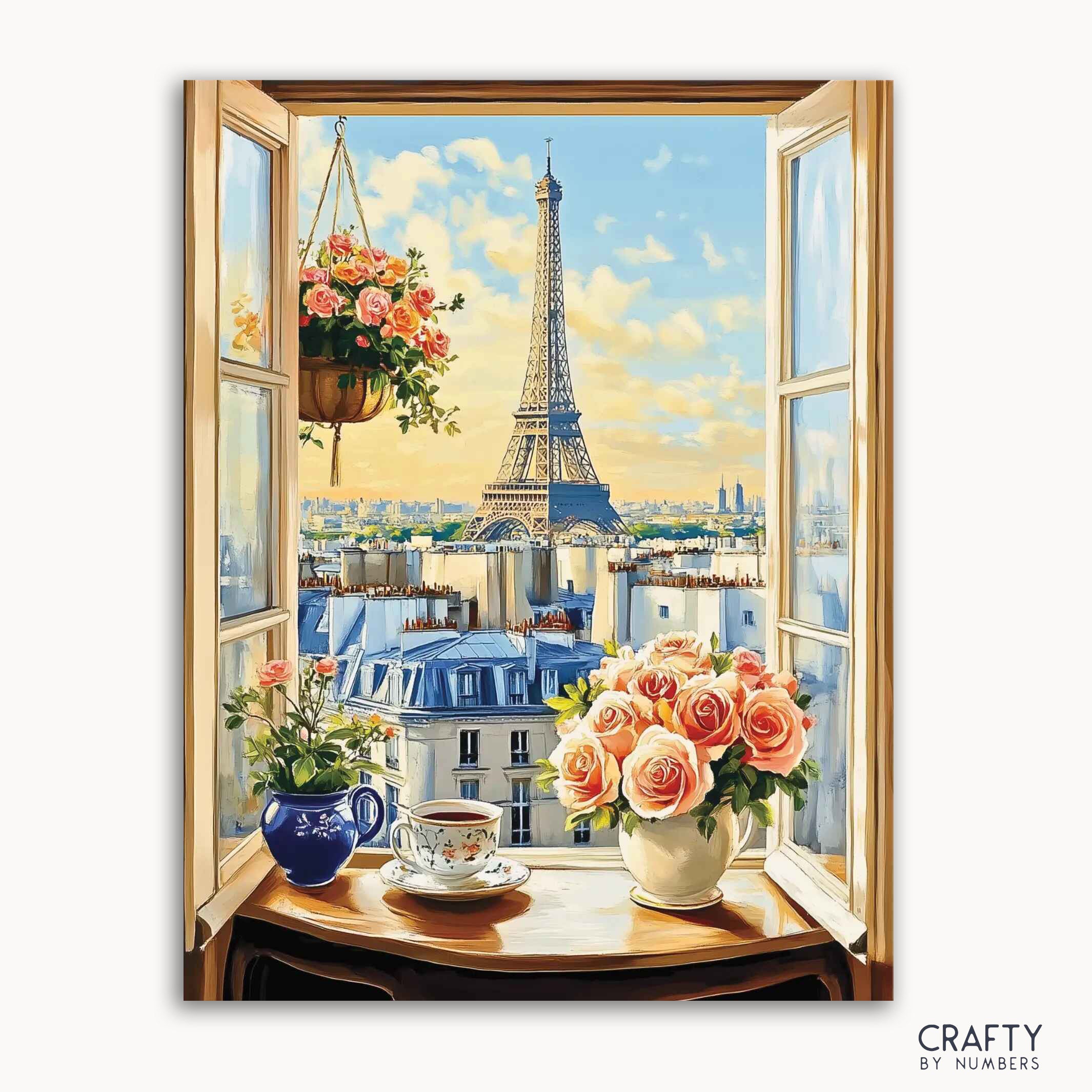 A paint-by-numbers kit image featuring a window view of the Eiffel Tower with roses and a tea set on the sill.