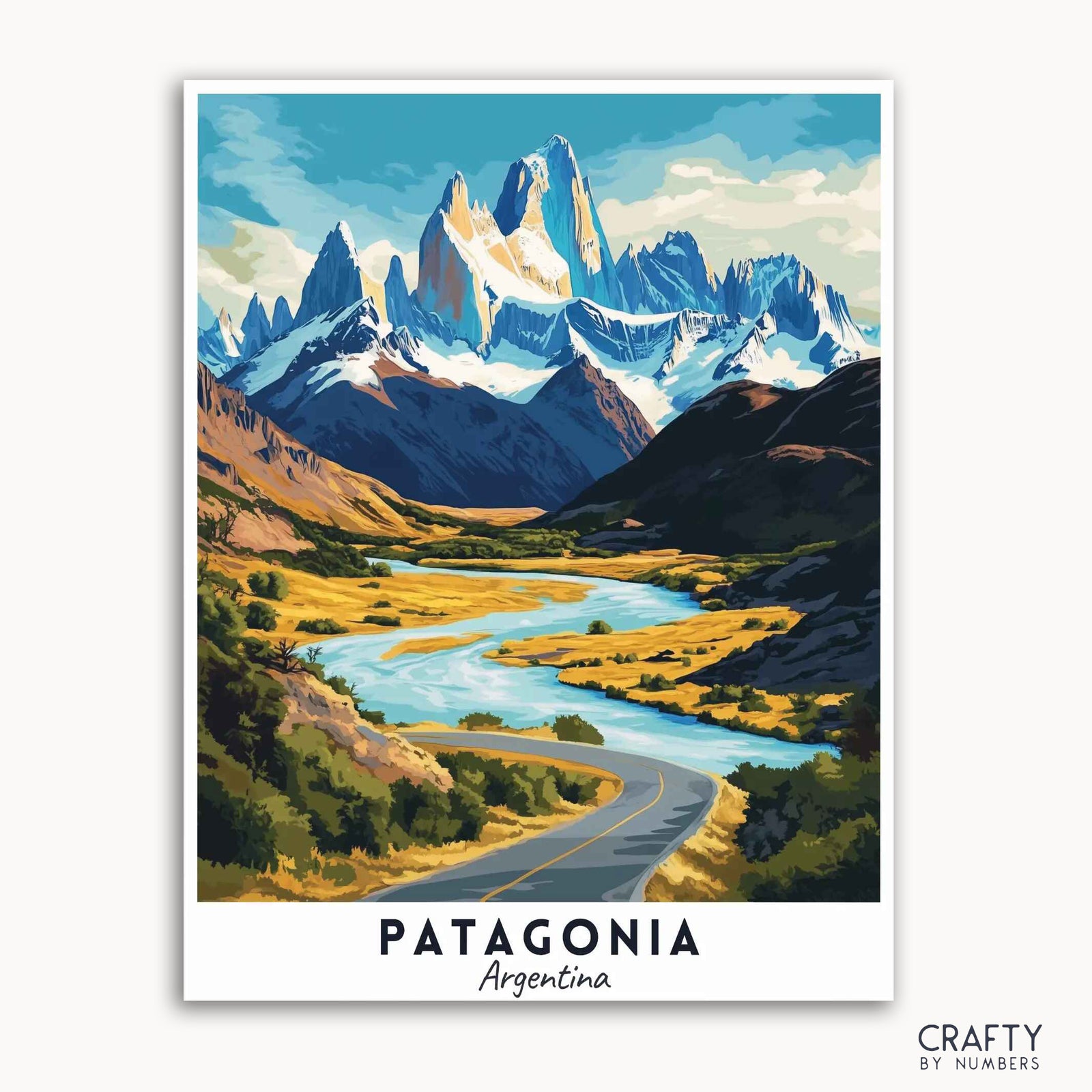 Un cartel de viaje que representa una vista panorámica de la Patagonia con montañas, un río y una carretera, titulado "Patagonia Argentina".